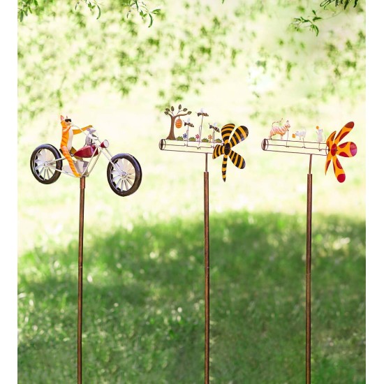 Metal Cat on Motorcycle With Spinning Wheels Wind Spinner
